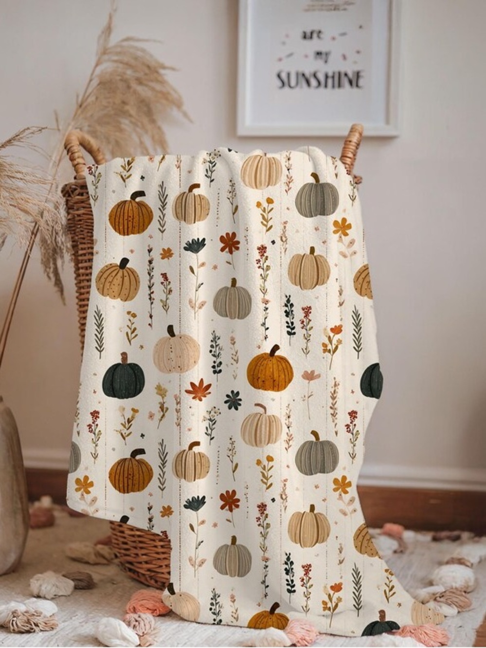 Autumn Pumpkin Print Throw Blanket - Cream